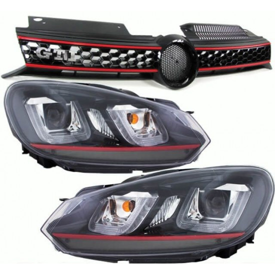 VW Golf 6 GTI Umbau Front Set Scheinwerfer LED 3U-Kühlergrill Rote Leiste